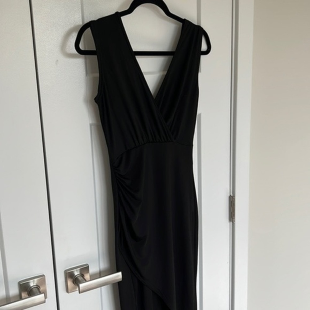 Black Midi Rutched Dress, Low V-Neck - Picture 4 of 6